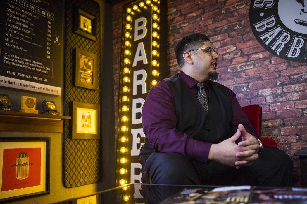 Speakeasy Barbershop owner Andres Dominguez talks about his business at the El Cortez in downtown Las Vegas on Tuesday, Jan. 15, 2019. Dominguez's grandfather worked at the barbershop starting in ...