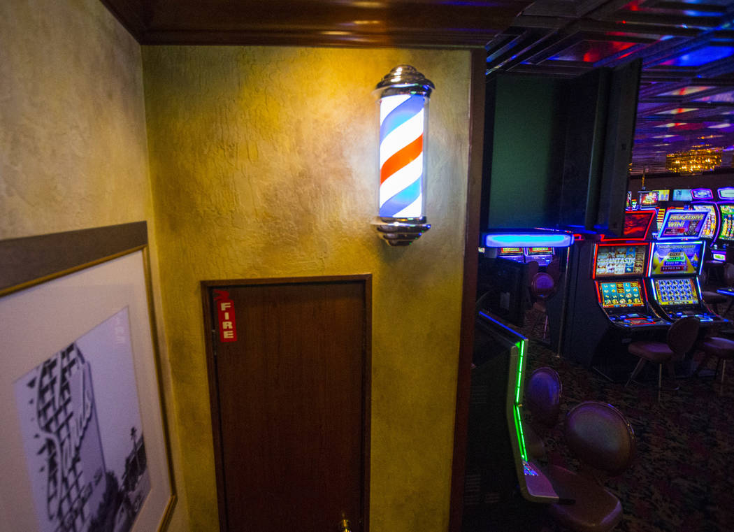 A barber's pole by the casino floor at the El Cortez in downtown Las Vegas on Tuesday, Jan. 15, 2019. Dominguez's grandfather worked at the barbershop starting in 1974, and as a child Dominguez wo ...