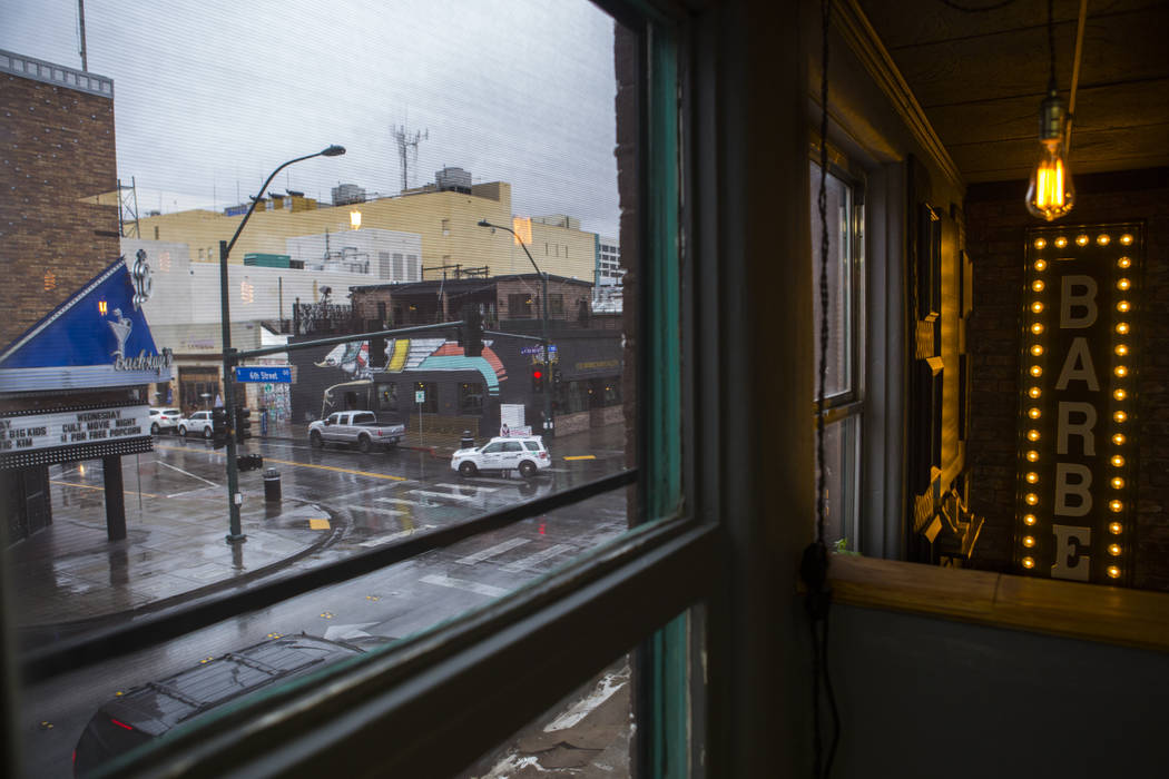 A view of Fremont Street from the Speakeasy Barbershop at the El Cortez in downtown Las Vegas on Tuesday, Jan. 15, 2019. Chase Stevens Las Vegas Review-Journal @csstevensphoto