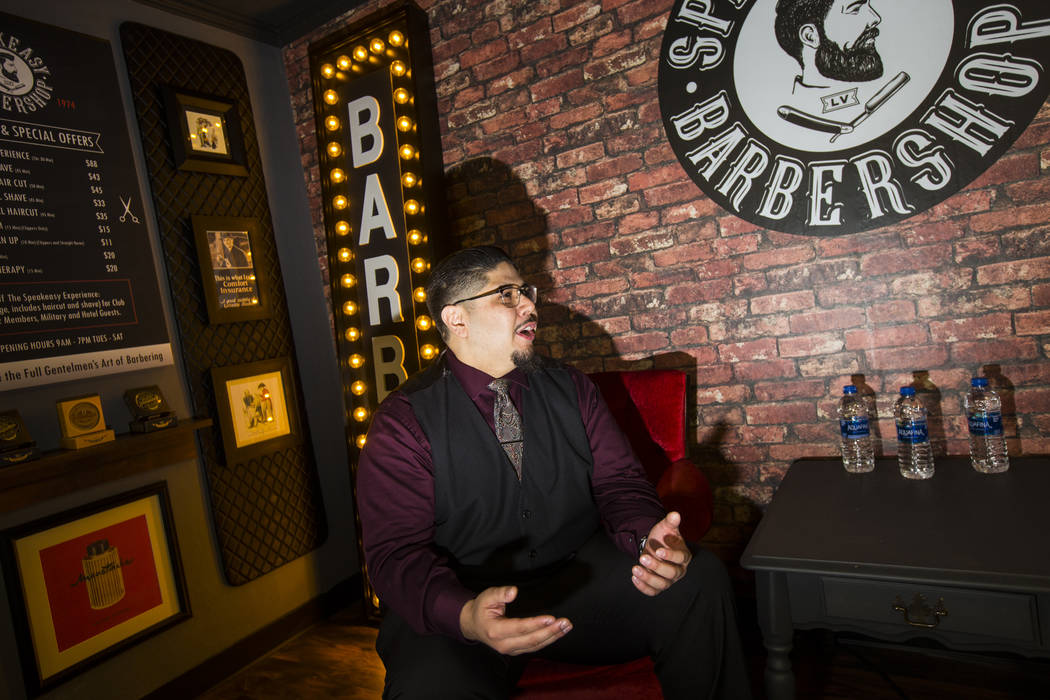 Speakeasy Barbershop owner Andres Dominguez talks about his business at the El Cortez in downtown Las Vegas on Tuesday, Jan. 15, 2019. Dominguez's grandfather worked at the barbershop starting in ...
