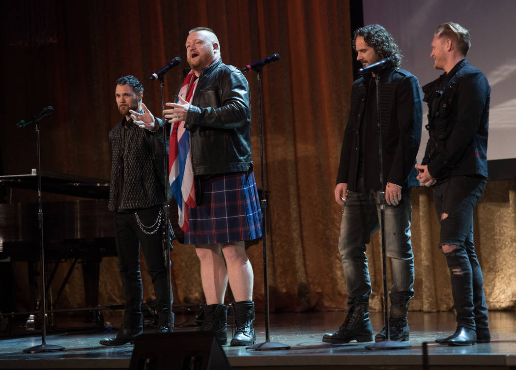 Members of Tenors of Rock of Harrah's Showroom are shown onstage during Robin Leach's celebration of life at Palazzo Theater on Friday, Sept. 28, 2018. (Tom Donoghue)