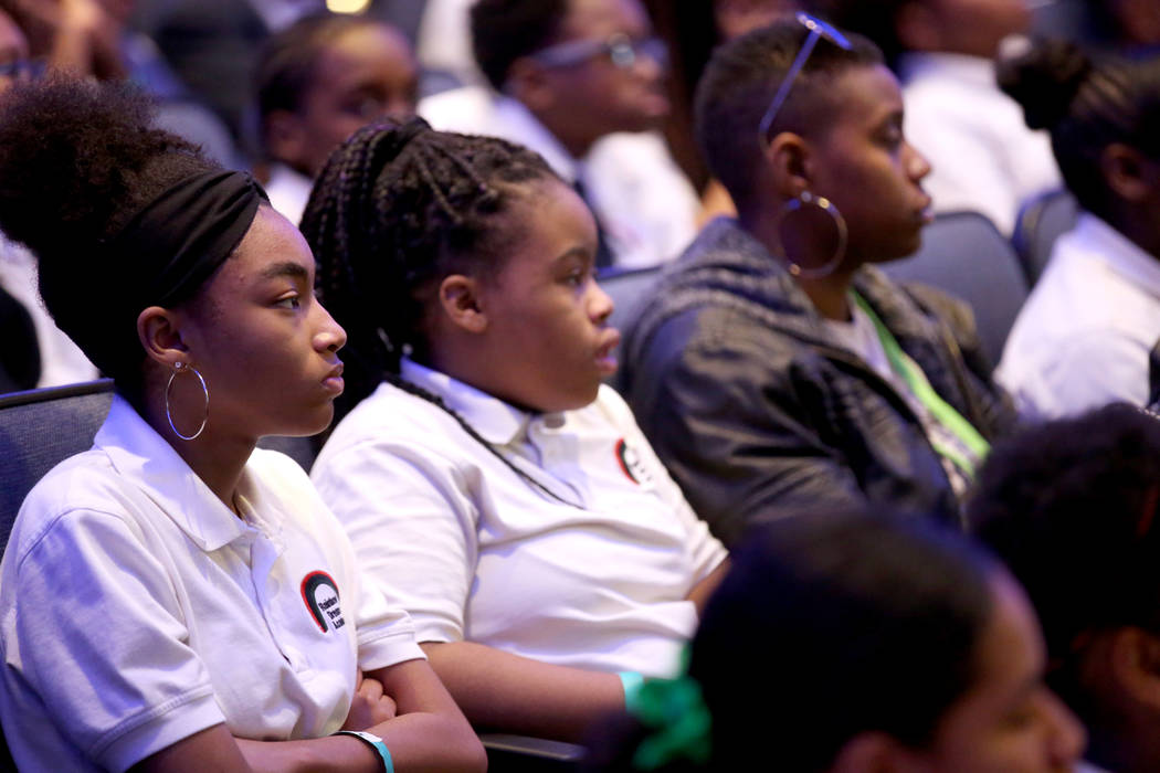 Students, including Bria Preston, 13, an eighth grader at Rainbow Dreams Academy, left, during the the first Dr. Martin Luther King Jr. Technology Summit at Zappos headquarters in downtown Las Veg ...
