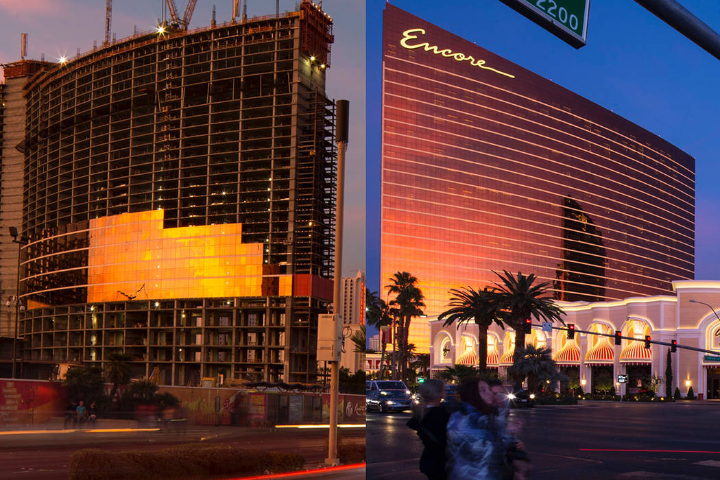 Resorts World Las Vegas construction and Encore by Wynn Las Vegas are pictured in this composite photo. (Las Vegas Review-Journal)
