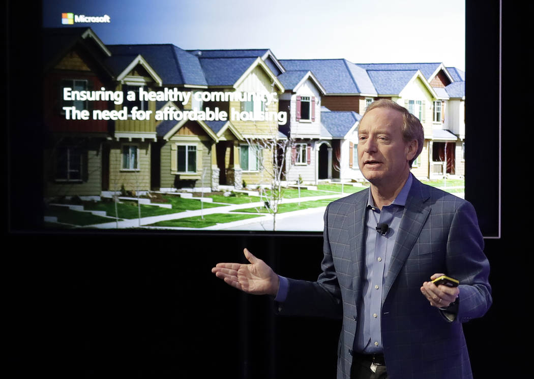 Microsoft Corp. President Brad Smith speaks Thursday, Jan. 17, 2019, during a news conference in Bellevue, Wash., to announce a $500 million pledge by Microsoft to develop affordable housing for l ...