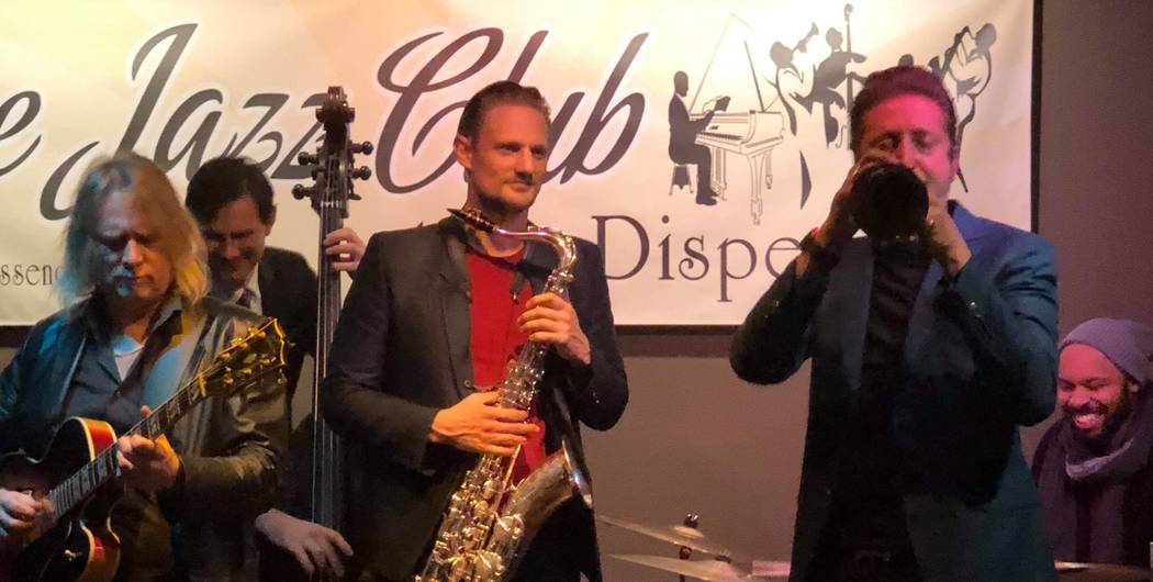 Members of Lady Gaga's backing band Steve Koryka (sax), Daniel Foose (bass) and Brian Newman (sax) join Vegas player Jake Langley (guitar) at Dispensary Lounge on 2451 E. Tropicana Ave. on Wednesd ...