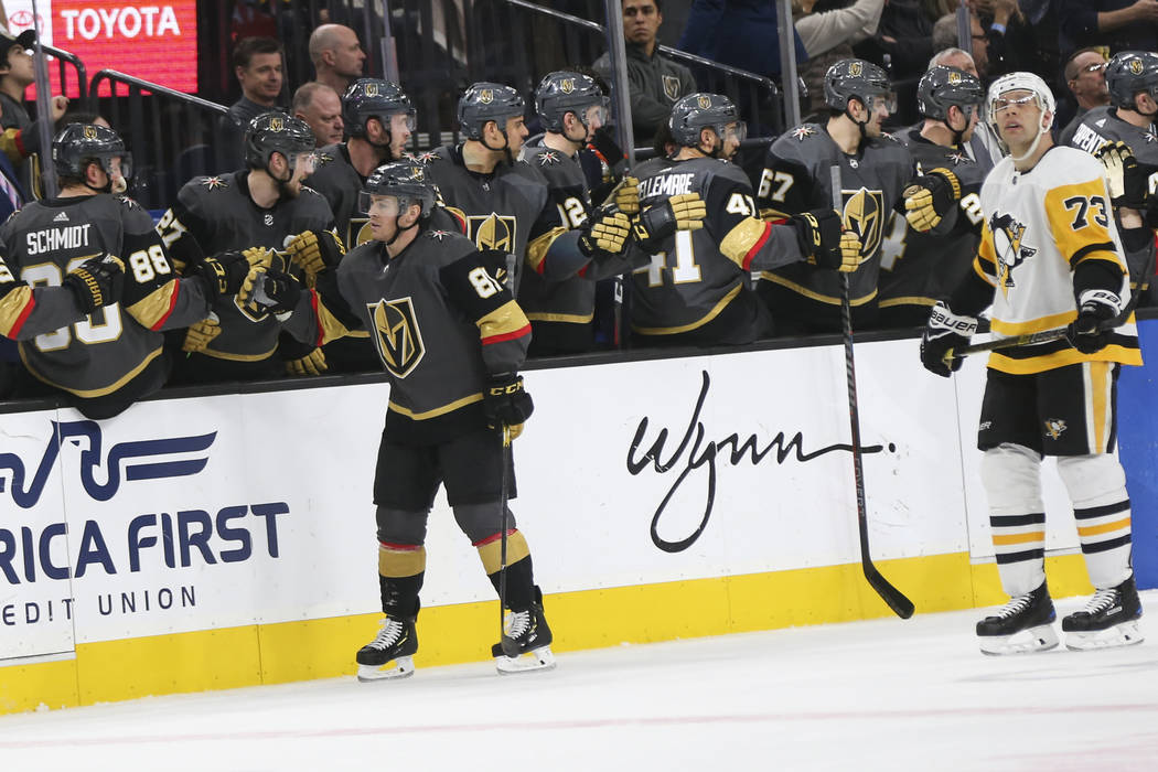 Golden Knights center Jonathan Marchessault (81) celebrates his goal during the second period of an NHL hockey game against the Pittsburgh Penguins at T-Mobile Arena in Las Vegas on Saturday, Jan. ...