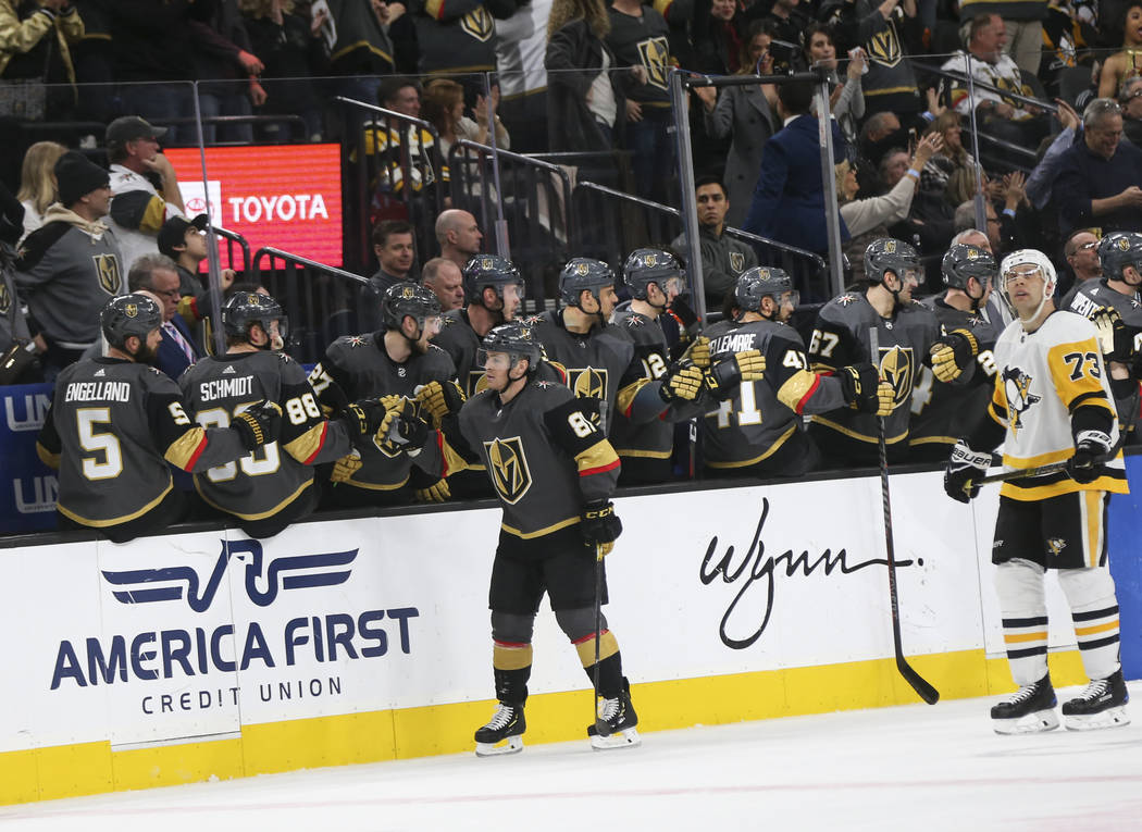 Golden Knights center Jonathan Marchessault (81) celebrates his goal during the second period of an NHL hockey game against the Pittsburgh Penguins at T-Mobile Arena in Las Vegas on Saturday, Jan. ...