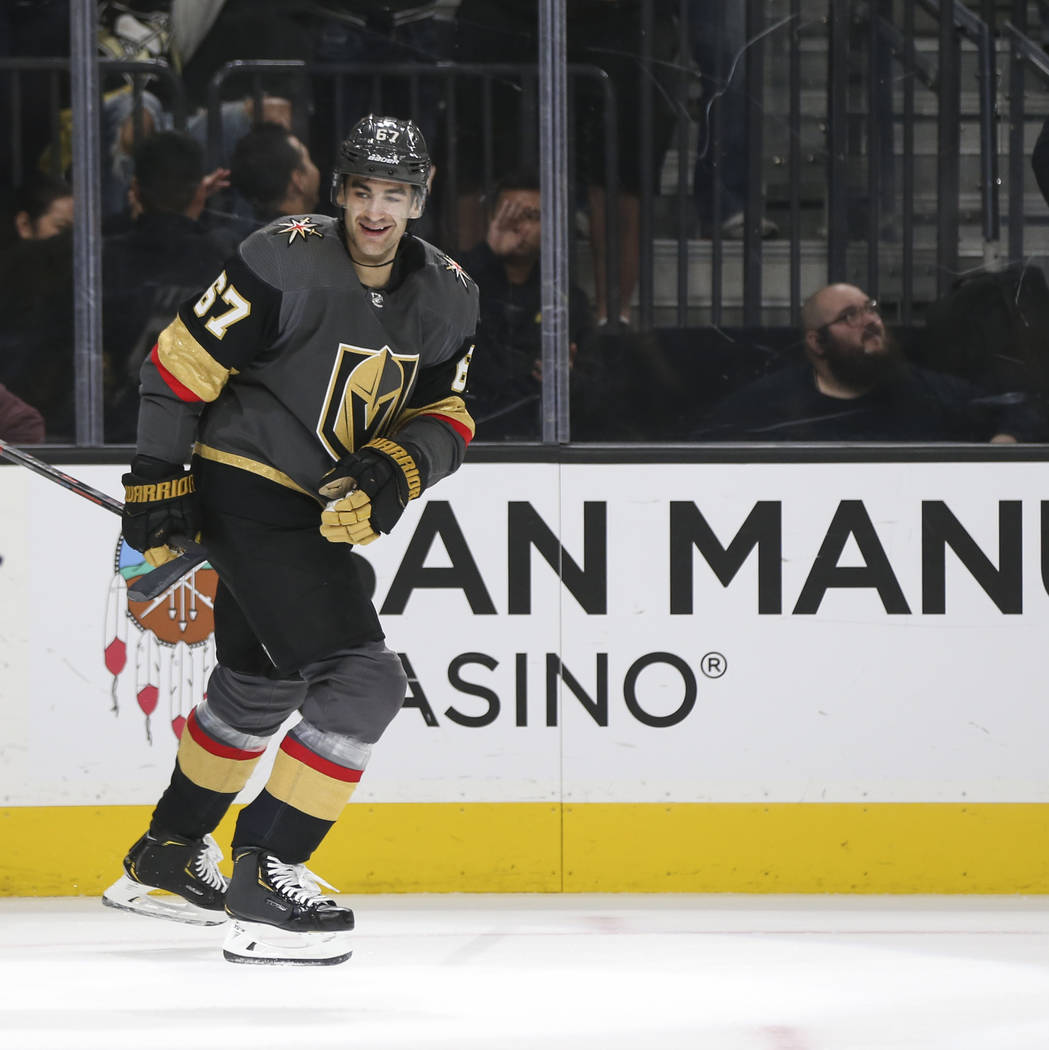 Golden Knights left wing Max Pacioretty (67) celebrates his goal against the Pittsburgh Penguins during the first period of an NHL hockey game at T-Mobile Arena in Las Vegas on Saturday, Jan. 19, ...