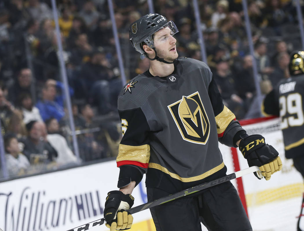 Golden Knights defenseman Colin Miller (6) looks on during the second period of an NHL hockey game against the Pittsburgh Penguins at T-Mobile Arena in Las Vegas on Saturday, Jan. 19, 2019. Chase ...