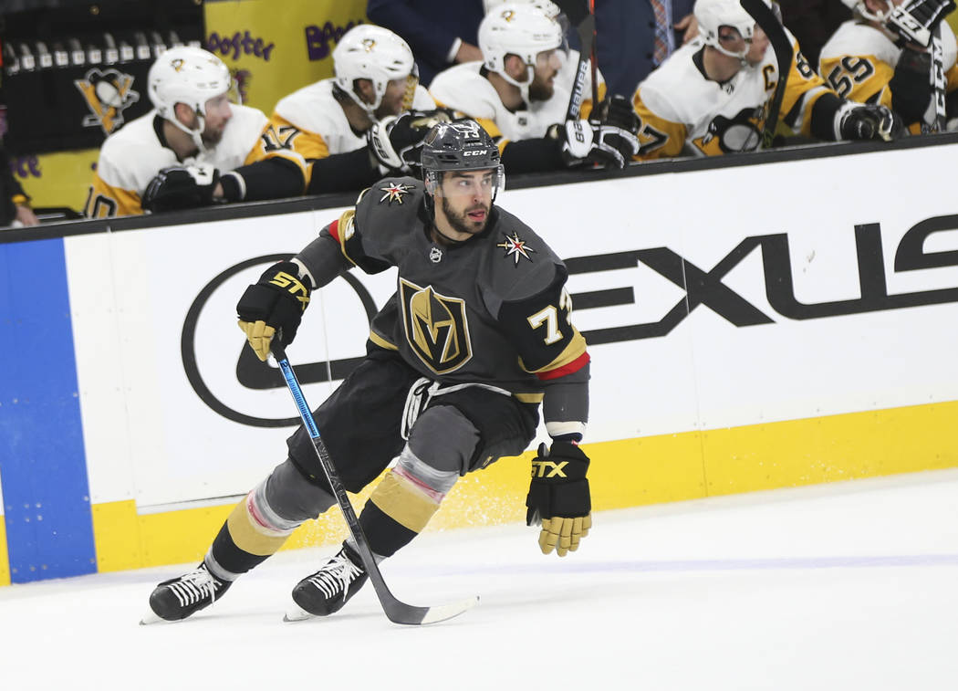 Golden Knights center Brandon Pirri (73) during the third period of an NHL hockey game against the Pittsburgh Penguins at T-Mobile Arena in Las Vegas on Saturday, Jan. 19, 2019. Chase Stevens Las ...