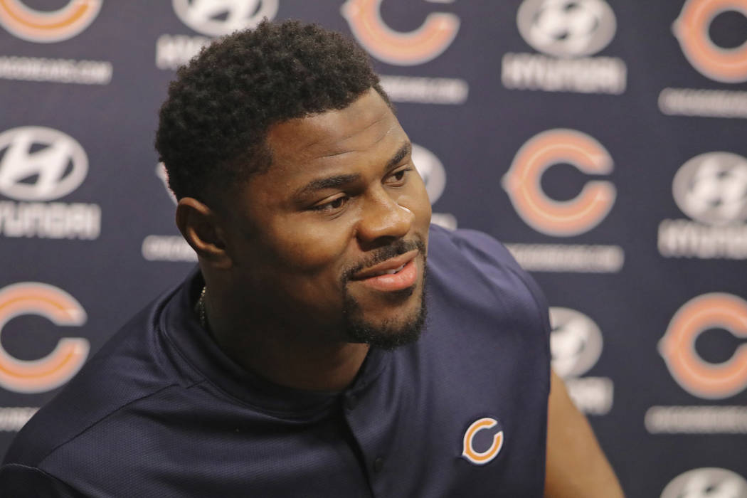 Newly acquired Chicago Bears player Khalil Mack speaks with the media during a news conference Sunday, Sept. 2, 2018, at Halas Hall in Lake Forest, Ill. (Tim Boyle/Chicago Sun-Times via AP)