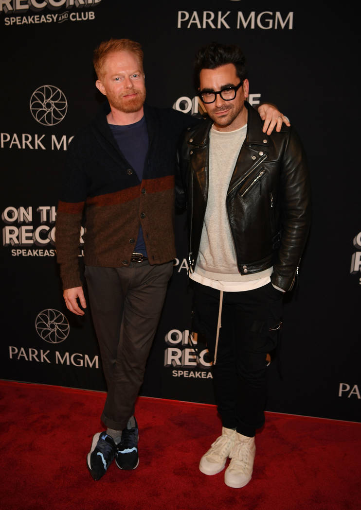 Actor Jesse Tyler Ferguson and actor/writer/producer Dan Levy arrive at the grand opening celebration of On The Record at Park MGM on January 19, 2019 in Las Vegas. (Photo by Denise Truscello/Get ...