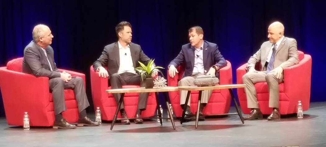Panelists at Preview 2019 on Thursday, Jan. 24, 2019, discuss how Las Vegas tourism will be impacted by the Las Vegas stadium under construction at Interstate 15 and Russell Road. Panelists includ ...