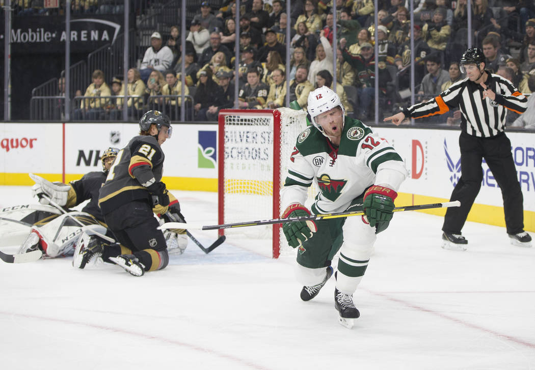 Minnesota Wild center Eric Staal (12) scores a goal against Golden Knights goaltender Marc-Andre Fleury (29) in the second period during their road matchup with Vegas on Monday, Jan. 21, 2019, at ...