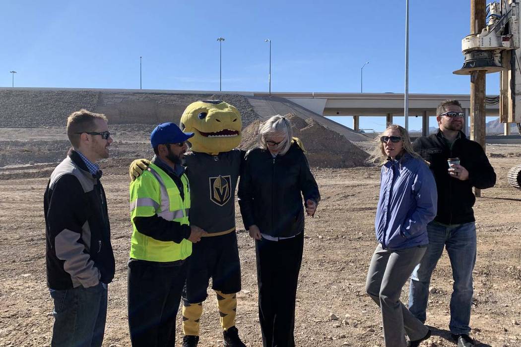 Vegas Golden Knights mascot, Chance, helps kick off the $73 million Centennial Bowl ll Project at the interchange of U.S. Highway 95 and the 215 Beltway in northwest Las Vegas, Tuesday, Jan. 22, 2 ...