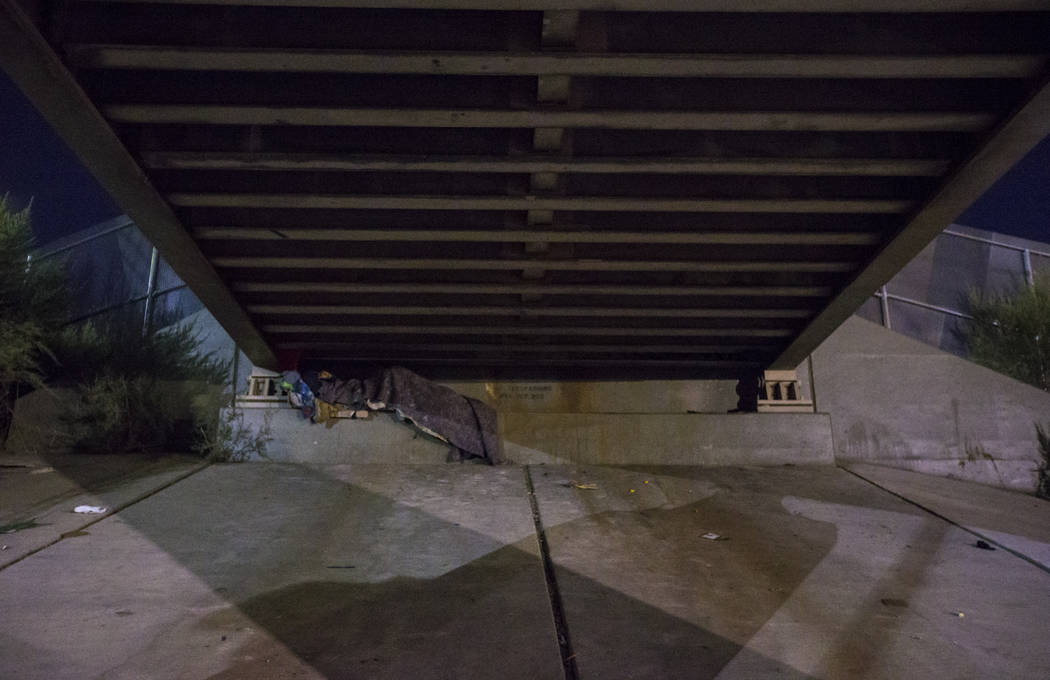 A homeless individual sleeps beneath an underpass along Owens Avenue as the annual Southern Nev ...