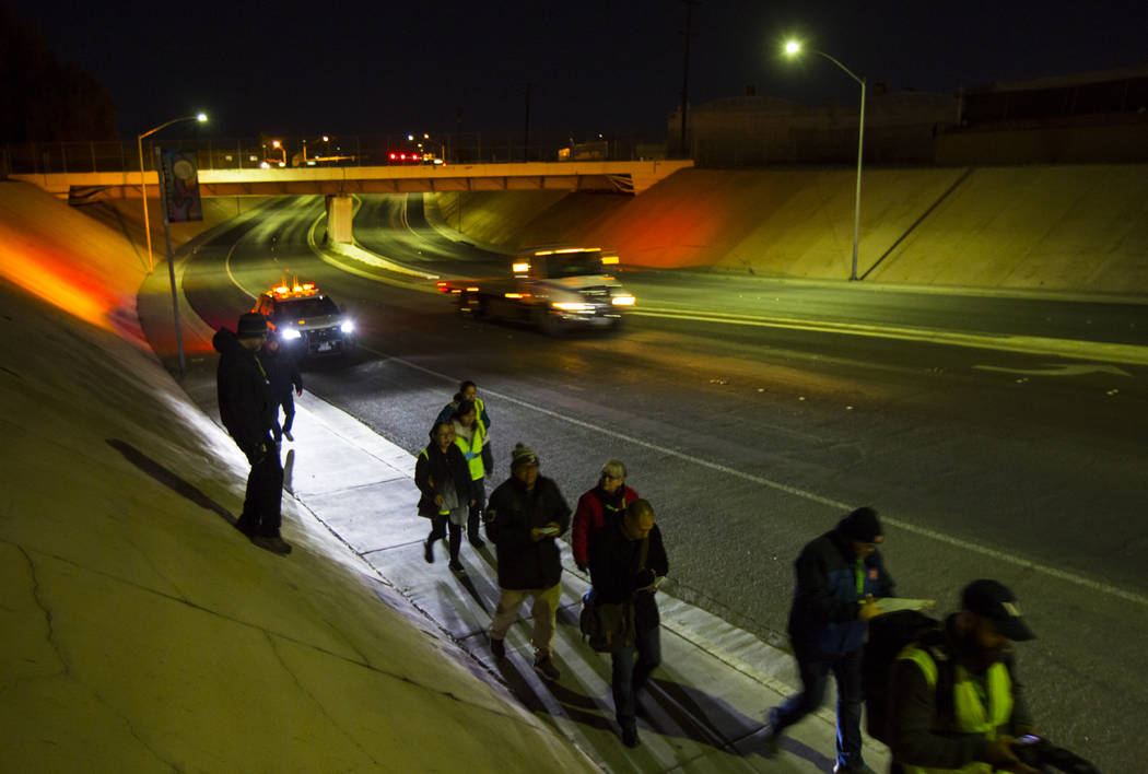 Volunteers look for homeless people during the annual Southern Nevada Homeless Census goes on i ...