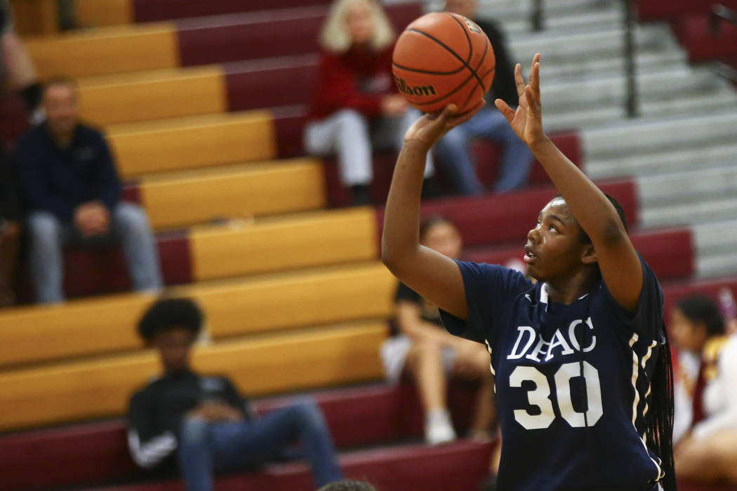Democracy Prep senior Sharmayne Finley (30) shoots against Del Sol during a basketball game at Del Sol High School in Las Vegas on Tuesday, Jan. 22, 2019. Chase Stevens Las Vegas Review-Journal @c ...