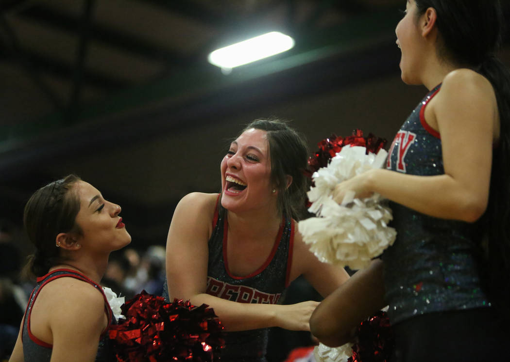 Girls from Liberty's Dance Team cheer after a basket is made during a basketball game at Liberty High School in Las Vegas, Wednesday, Jan. 23, 2019. Caroline Brehman/Las Vegas Review-Journal