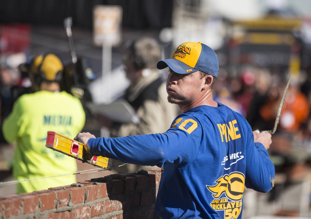 J.T. Payne, from Cape Girardeau, Mo., competes in the Spec Mix Bricklayer 500 during day two of the World of Concrete trade show on Wednesday, Jan. 23, 2019, at the Las Vegas Convention Center, in ...