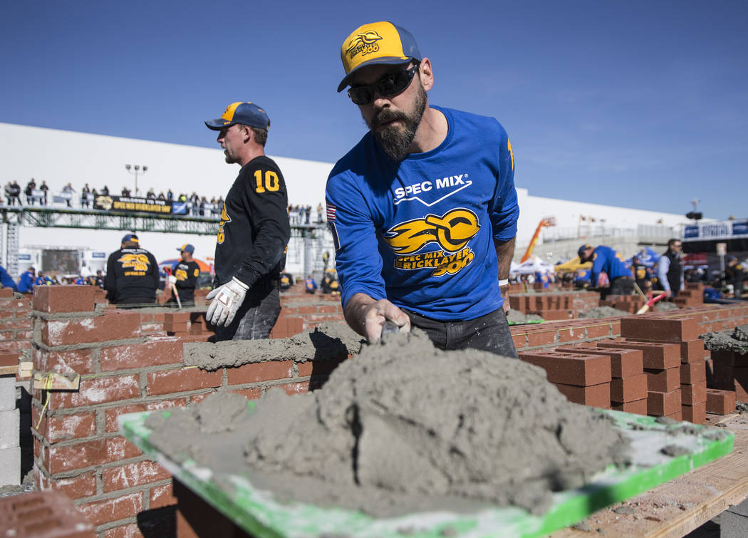 David Wernette, from Marysville, Wash., competes in the Spec Mix Bricklayer 500 during day two of the World of Concrete trade show on Wednesday, Jan. 23, 2019, at the Las Vegas Convention Center, ...
