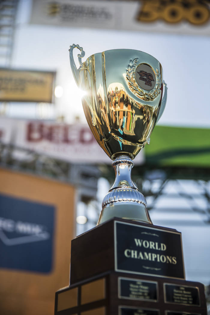The Spec Mix Bricklayer 500 trophy during day two of the World of Concrete trade show on Wednesday, Jan. 23, 2019, at the Las Vegas Convention Center, in Las Vegas. (Benjamin Hager/Las Vegas Revie ...