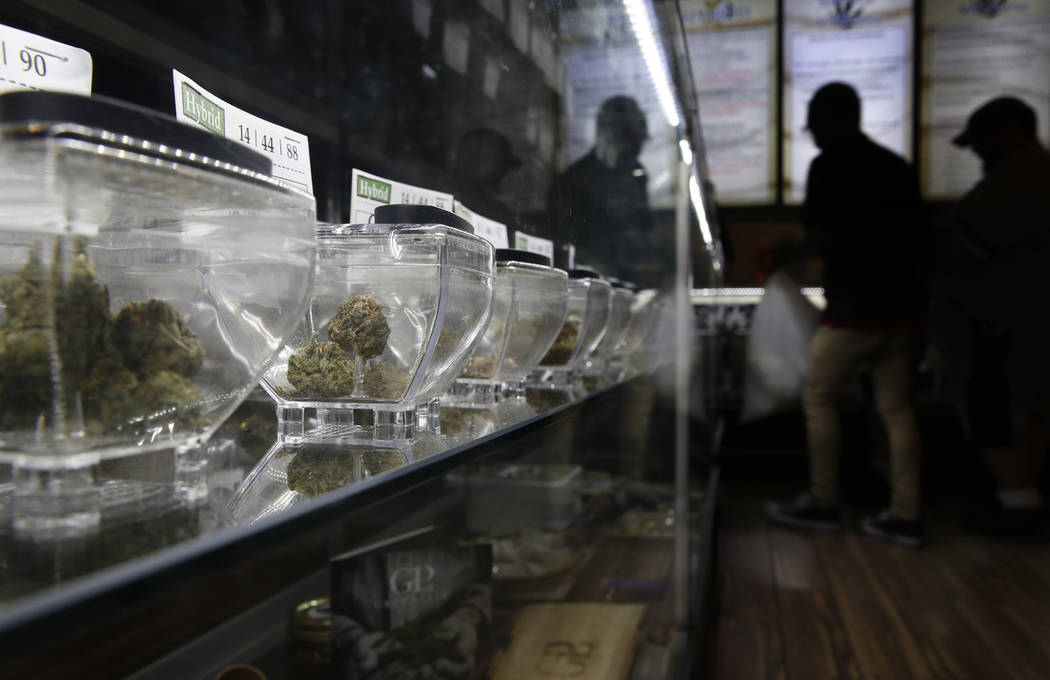 Marijuana is on display at 420 Sahara Wellness in Las Vegas on Aug. 1, 2018. Nevada regulators and industry insiders say the state's first year of adult-use marijuana sales has exceeded their expe ...