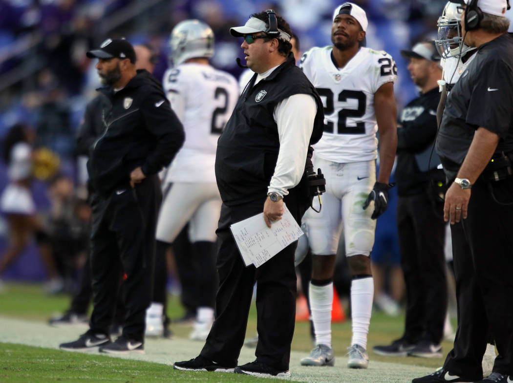 Oakland Raiders defensive coordinator Paul Guenther on the sideline during the first half of an NFL game against the Baltimore Ravens in Baltimore, Md., Sunday, Nov. 25, 2018. Heidi Fang Las Vegas ...