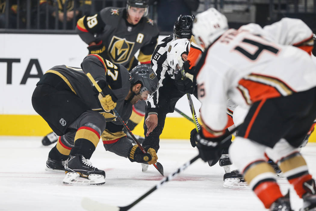 Golden Knights left wing Max Pacioretty (67) faces off against the Anaheim Ducks during the first period of an NHL hockey game at T-Mobile Arena in Las Vegas, Saturday, Oct. 20, 2018. Caroline Bre ...