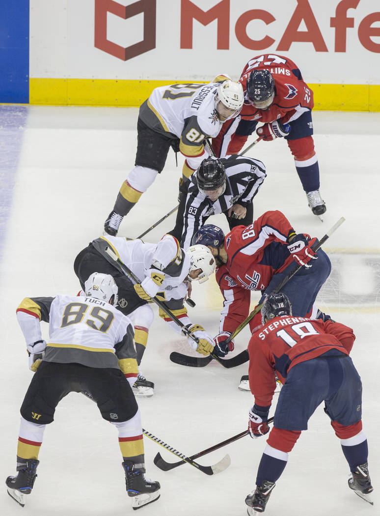 The Golden Knights and Capitals face off in the second period during Game 3 of the NHL Stanley Cup Final on Saturday, June 2, 2018, at Capital One Arena, in Washington. Benjamin Hager Las Vegas Re ...