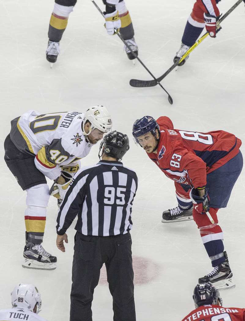 Golden Knights center Ryan Carpenter (40) gets ready for a face off with Capitals right wing Jay Beagle (83) in the second period during Game 3 of the NHL Stanley Cup Final on Saturday, June 2, 20 ...