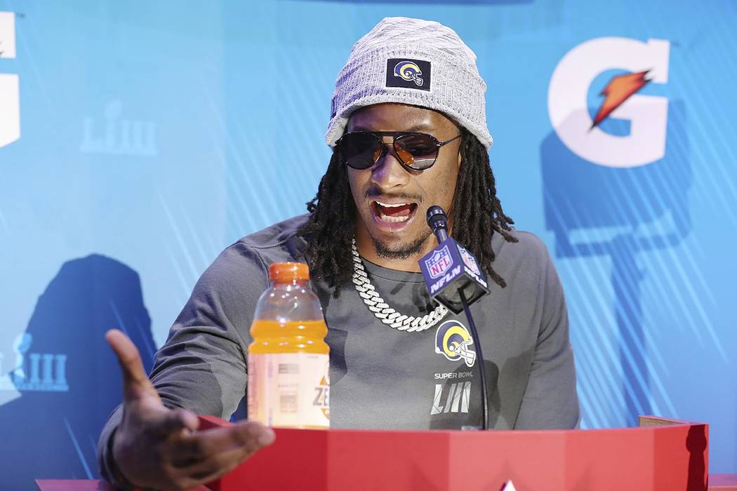 Los Angeles Rams running back Todd Gurley answers questions during opening night for the NFL Super Bowl 53 football game at State Farm Arena, Monday, Jan. 28, 2019, in Atlanta. (AP Photo/Steve Luc ...