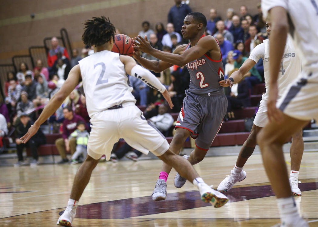 Arbor View's Favor Chukwukelu (2) passes the ball during the first half of a basketball game at Faith Lutheran High School in Las Vegas on Thursday, Jan. 31, 2019. (Chase Stevens/Las Vegas Review- ...