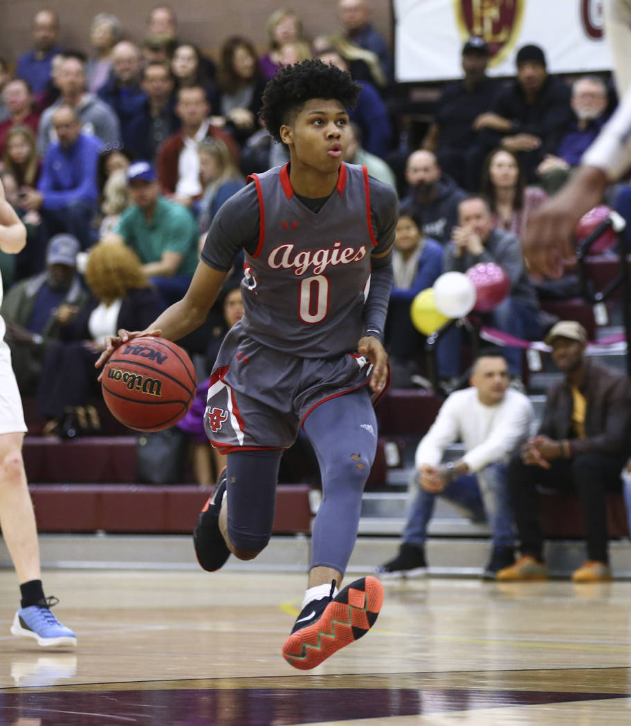 Arbor View's Donovan Yap (0) drives the ball during the first half of a basketball game at Faith Lutheran High School in Las Vegas on Thursday, Jan. 31, 2019. (Chase Stevens/Las Vegas Review-Journ ...