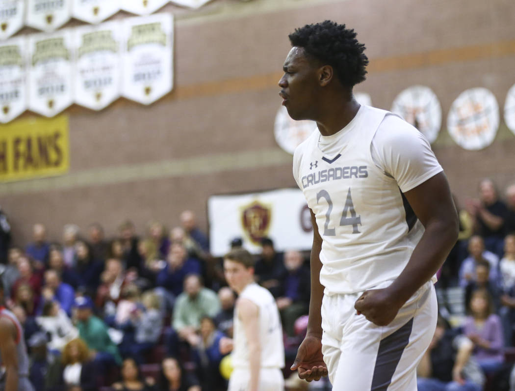 Faith Lutheran's D.J. Heckard (24) reacts as his team leads against Arbor View during the first half of a basketball game at Faith Lutheran High School in Las Vegas on Thursday, Jan. 31, 2019. (Ch ...