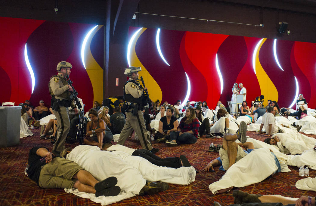 Las Vegas police patrol in a convention center area during lockdown on Oct. 2, 2017, at Tropicana Las Vegas. Chase Stevens Las Vegas Review-Journal @csstevensphoto