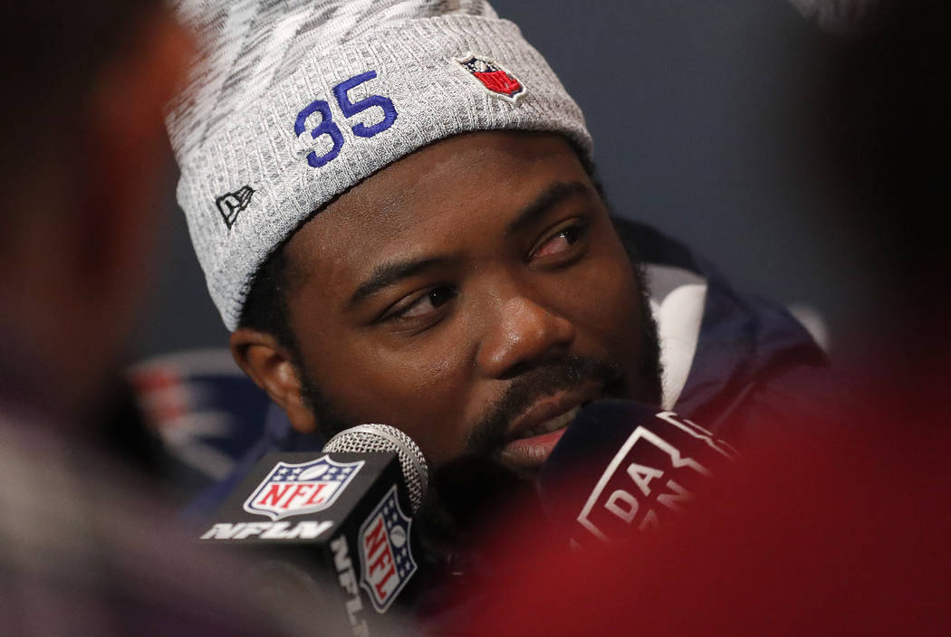 Los Angeles Rams running back C.J. Anderson (35) speaks to reporters during a news conference for the NFL Super Bowl 53 football game Tuesday, Jan. 29, 2019, in Atlanta. (AP Photo/John Bazemore)