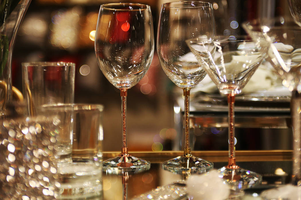 Glasses with glitter in the stems at the Sparkles showroom at the Las Vegas Market at the World Market Center in Las Vegas, Tuesday, Jan. 29, 2019. (Rachel Aston/Las Vegas Review-Journal) @rookie__rae