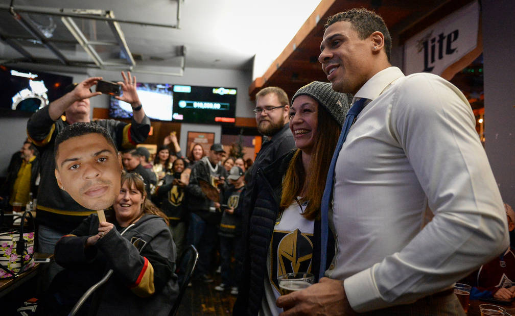 Vegas Golden Knights player Ryan Reaves poses for a photograph with fans at a party for the release of his new beer, Training Day, at PKWY Tavern Flamingo in Las Vegas, Thursday, Dec. 27, 2018. Ca ...