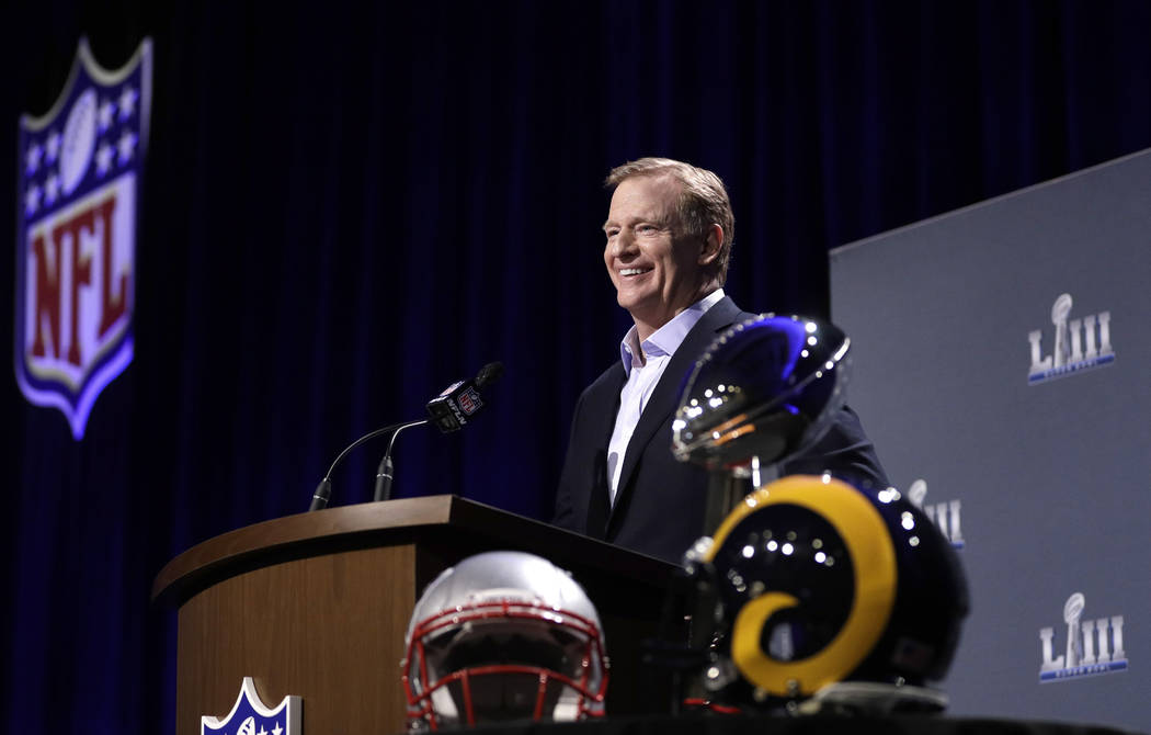 NFL Commissioner Roger Goodell smiles as he listens to a question during a news conference for the NFL Super Bowl 53 football game Wednesday, Jan. 30, 2019, in Atlanta. (AP Photo/David J. Phillip)