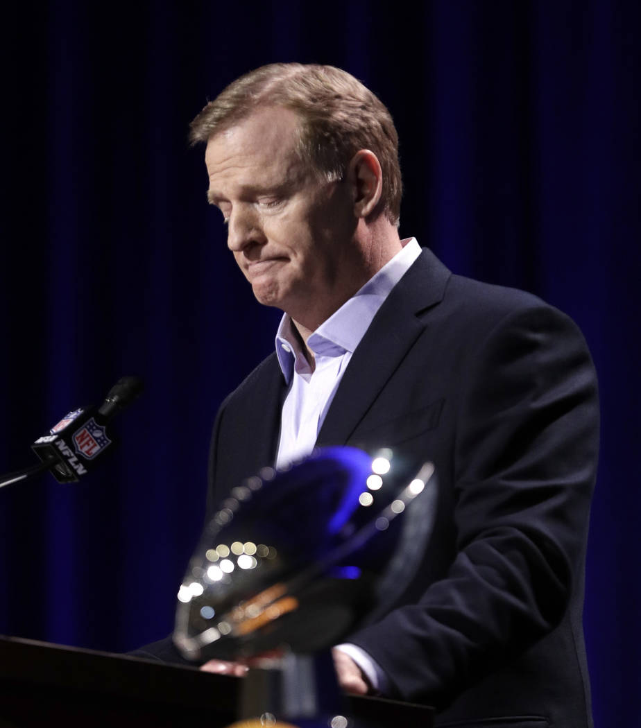 NFL Commissioner Roger Goodell listens to a question during a news conference for the NFL Super Bowl 53 football game Wednesday, Jan. 30, 2019, in Atlanta. (AP Photo/David J. Phillip)