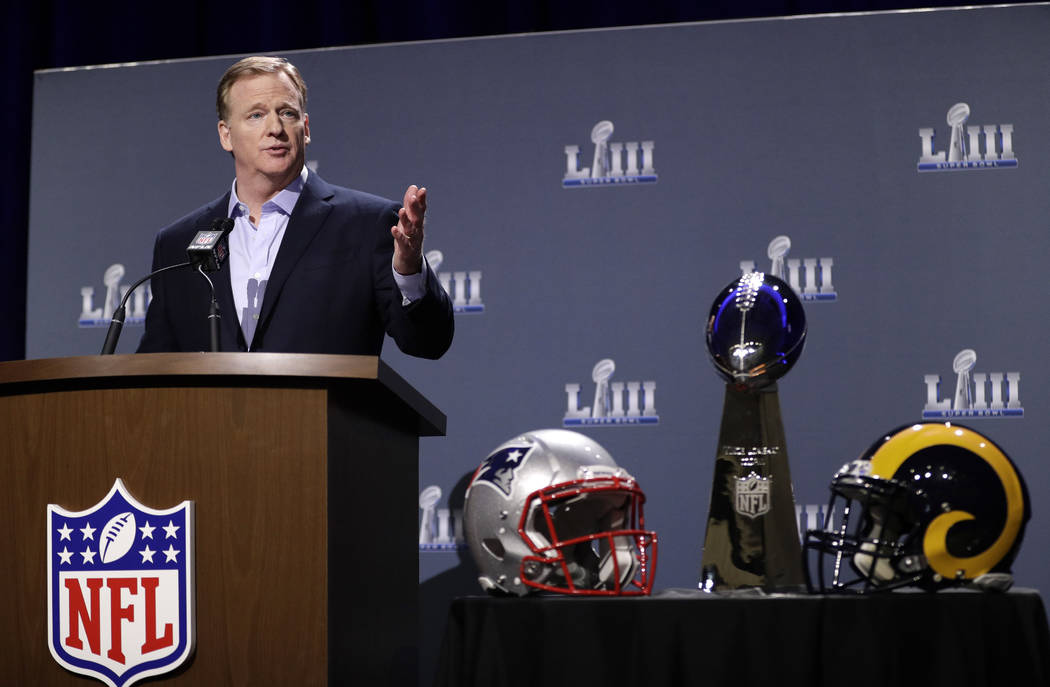 NFL Commissioner Roger Goodell answers a question during a news conference for the NFL Super Bowl 53 football game Wednesday, Jan. 30, 2019, in Atlanta. (AP Photo/David J. Phillip)