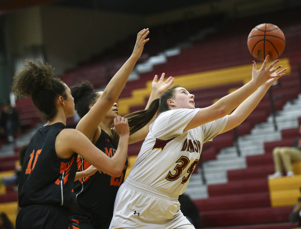 Del Sol's Melissa Burnett (35) gets a rebound against Mojave during the first half of a basketball game at Del Sol High School in Las Vegas on Wednesday, Jan. 30, 2019. (Chase Stevens/Las Vegas Re ...