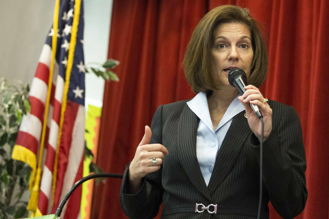 Sen. Catherine Cortez Masto, D-Nev., speaks to students and staff at Wendell P. Williams Elementary School in Las Vegas on Friday, Oct. 12, 2018. (Richard Brian/Las Vegas Review-Journal) @vegaspho ...
