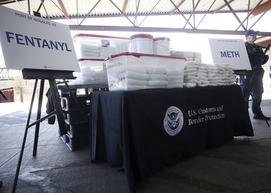 A display of the fentanyl and meth that was seized by Customs and Border Protection officers over the weekend at the Nogales Port of Entry is shown during a press conference on Thursday, Jan. 31, ...