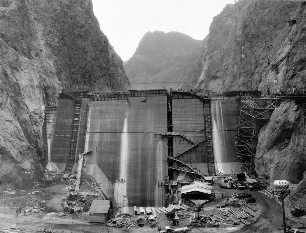 Construction takes place at the base of Hoover Dam. (UNLV Special Collections)