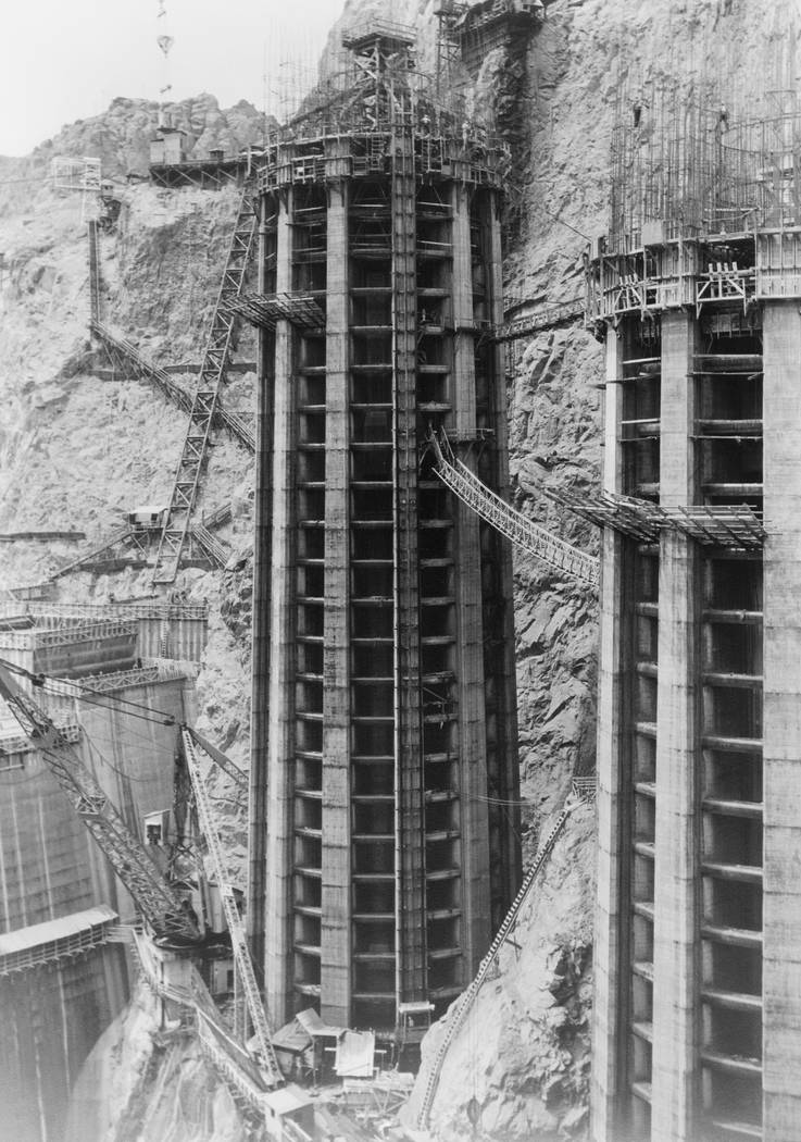 The Nevada intake towers at Hoover Dam. (Library of Congress)