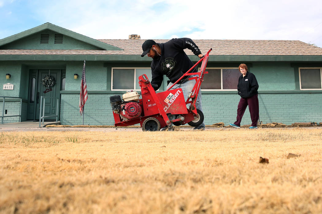 Mary Kiosowski Lewis, right, watches as Pacas Rivera of North West Landscape uses sod removal to remove old lawn from her front yard not photographed, home on Monday, Dec. 10, 2018. Bizuayehu Tesf ...