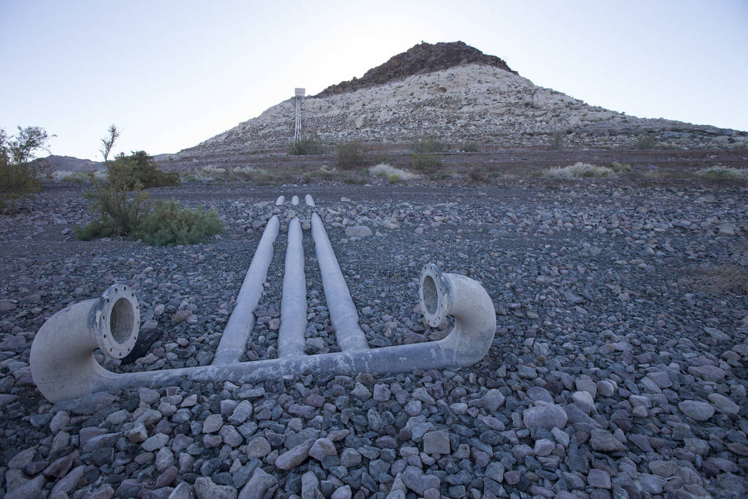 Water intake pipes sit high and dry above the water line near Boulder Harbor at Lake Mead National Recreation Area on Wednesday, Sept. 26, 2018. Richard Brian Las Vegas Review-Journal @vegasphotograph