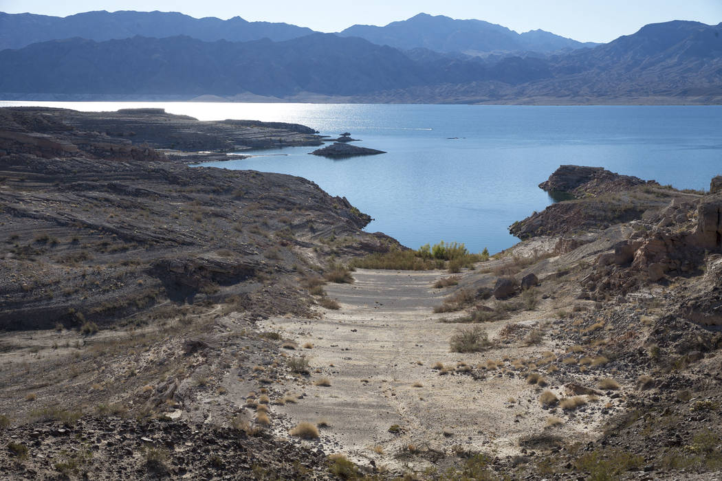 The effects of a receding shoreline just south of the Callville Bay Resort & Marina at Lake Mead National Recreation Area on Thursday, Oct. 18, 2018. Richard Brian Las Vegas Review-Journal @ve ...